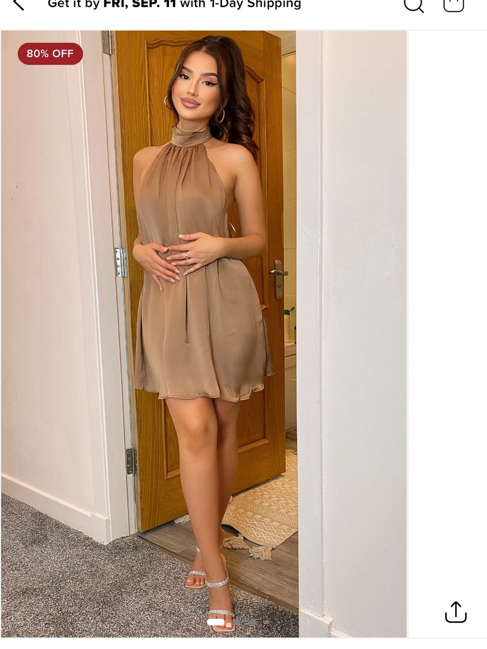 Halter Neck Chiffon Mini Dress in Taupe